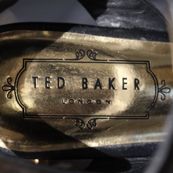 Ted Baker Black Leather T-strap Sandals with Gold Block Heel - Picture 3 of 5